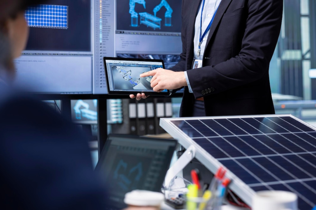 Investors examine solar panel surface using tablet discussing design efficiency