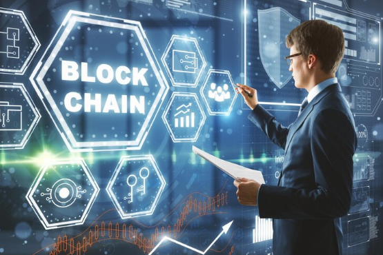 abstract block chain hologram on blurry office background cryptography