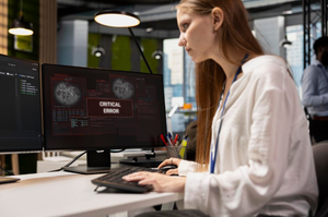 Troubled software developer reviewing error logs