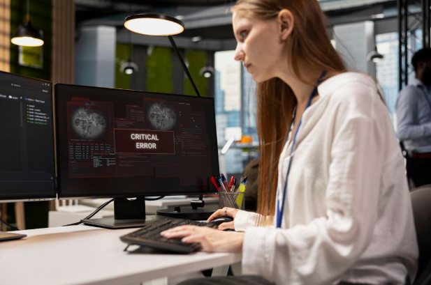 Troubled software developer reviewing error logs