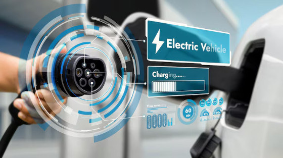 Focus-hand-pointing-ev-charger-in-front-of-camera-display-smart-battery-status-hologram-in-blurry-background-electric-car-charger-using-clean-energy-reducing-co2-emissionperuse